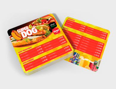 Cardápio com 2 Páginas (1 Folha) em PVC 0,3mm Verniz Total Frente e Verso 14,4x14,4cm - 4x0 - 10 unid