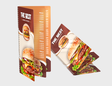 Cardápio com 2 Páginas (1 Folha) em PVC 0,3mm Verniz Total Frente e Verso 14,4x14,4cm - 4x0 - 5 unid